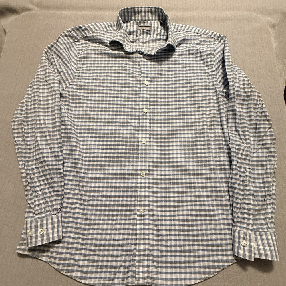 Michael Kors Mens XL 17 34/35 Slim Fit Stretch Blue Check Dress Shirt